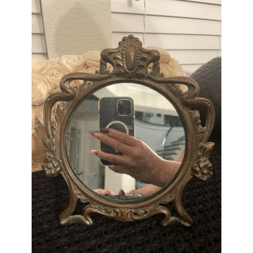 Antique Art Nouveau Mirror Decorative Arts Cast‎ Iron Gold Dresser Countertop